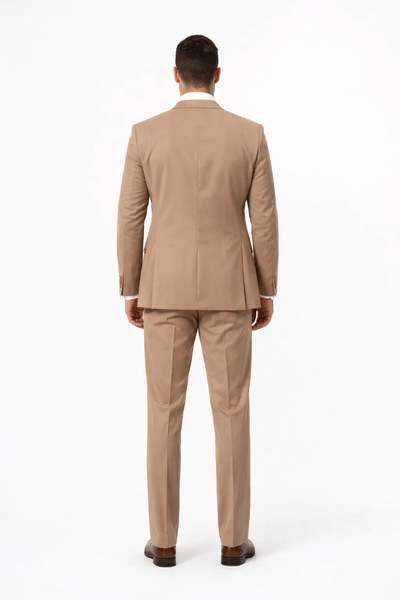 Rossiman Men’s Tan Suit – Gold Buttons & Double-Breasted Vest Elegance
