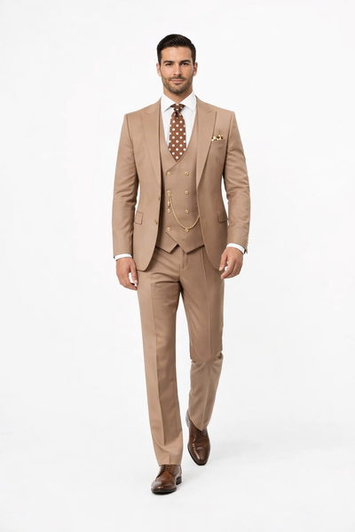 Rossiman Suit - Tan Suit With Gold Buttons - Peak Lapel 1 Button Double Breasted Vest