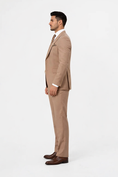 Rossiman Suit - Tan Suit With Gold Buttons - Peak Lapel 1 Button Double Breasted Vest