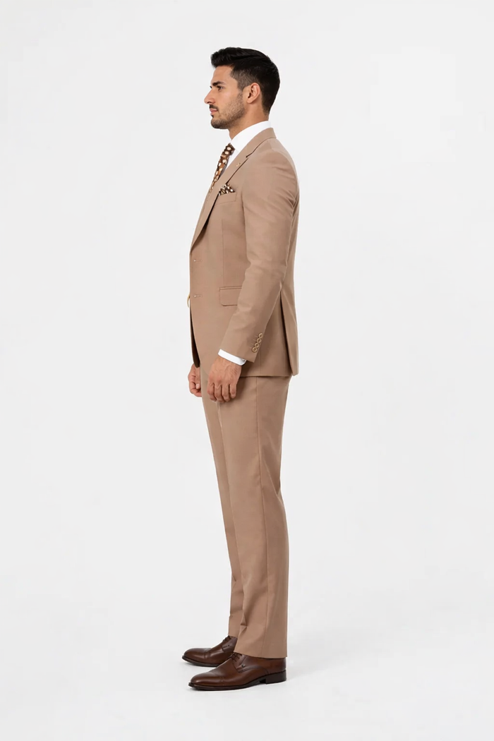 Rossiman Men’s Tan Suit – Gold Buttons & Double-Breasted Vest Elegance