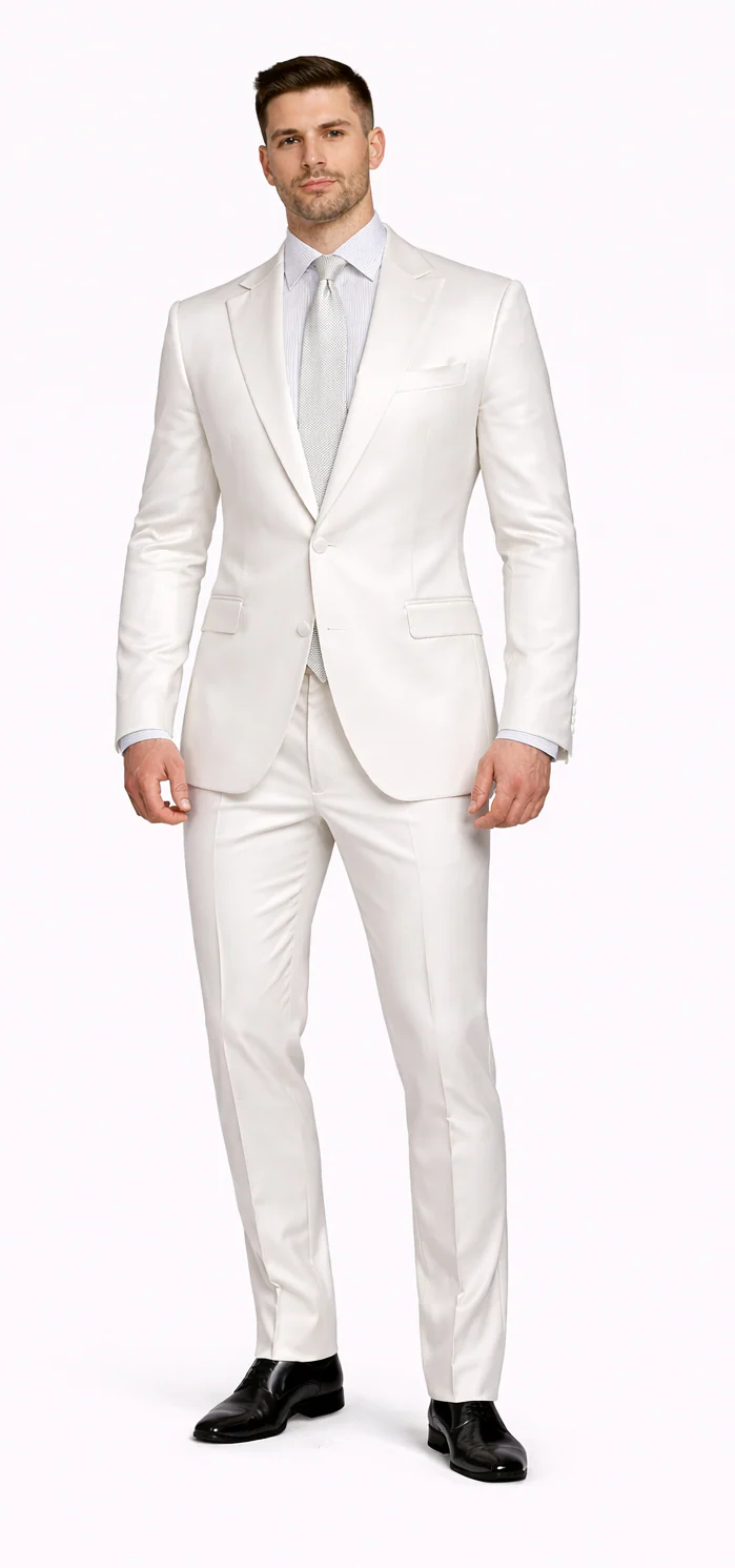 Rossiman White Sateen Suit for Men – High-Shine Formal Elegance