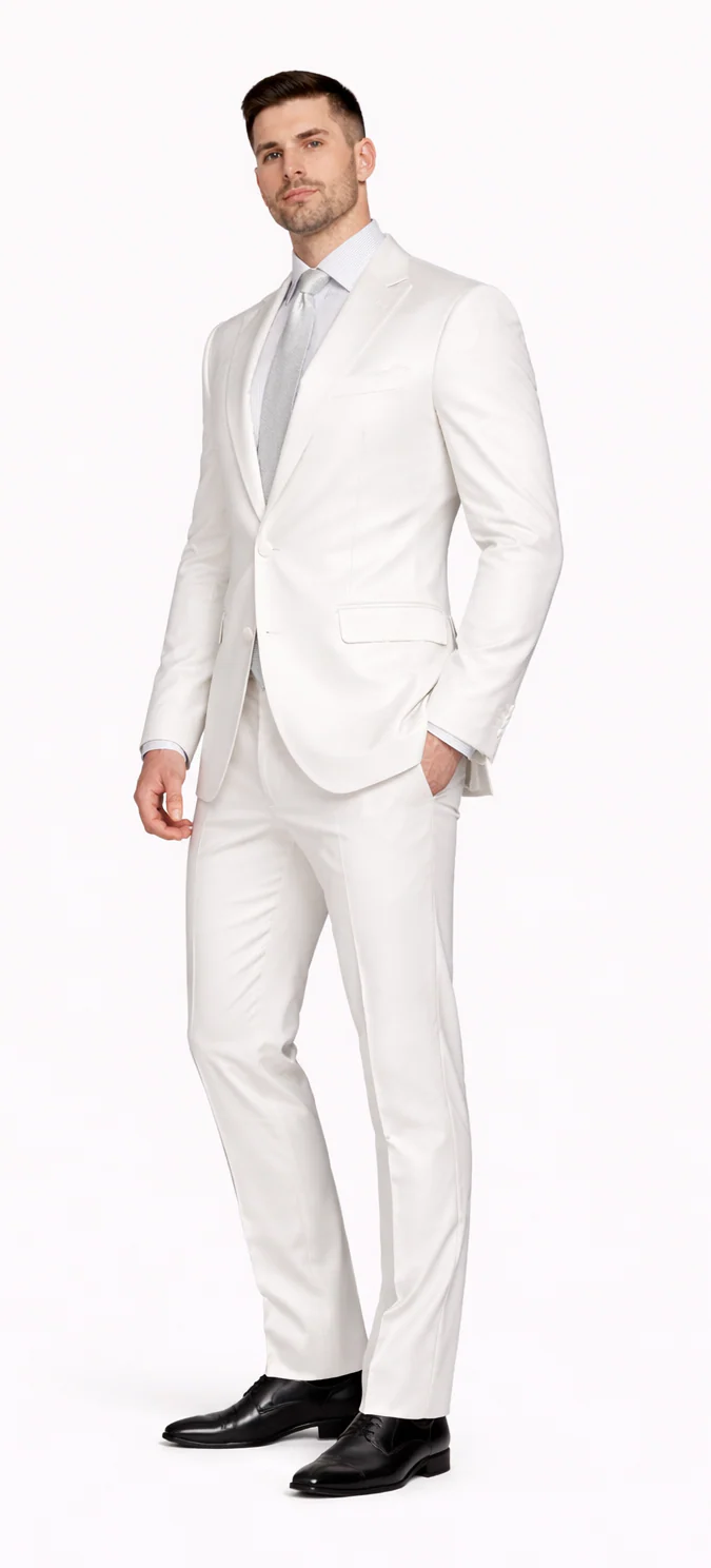 Rossiman White Sateen Suit for Men – High-Shine Formal Elegance