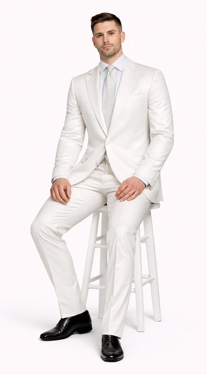 Rossiman White Sateen Suit for Men – High-Shine Formal Elegance