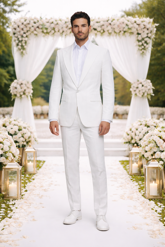 Seersucker Suit Peak Lapel Suit in Color "White" - Summer Fabric Tone on Tone Shadow Stripe By Rossiman