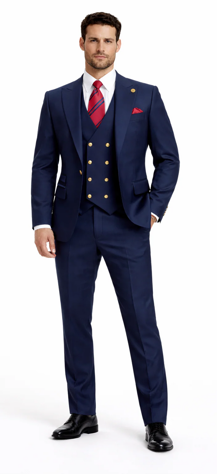 Rossiman Brand Navy Blue Suits - 1 Button Suit Peak Lapel Double Breasted Vest