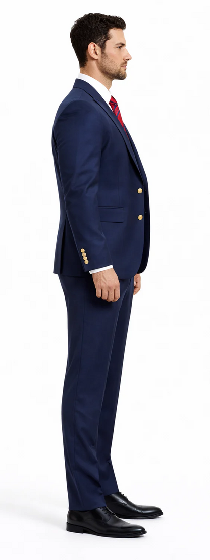 Rossiman Navy Blue Suit for Men – Classic 1-Button Peak Lapel Jacket & Double-Breasted Vest