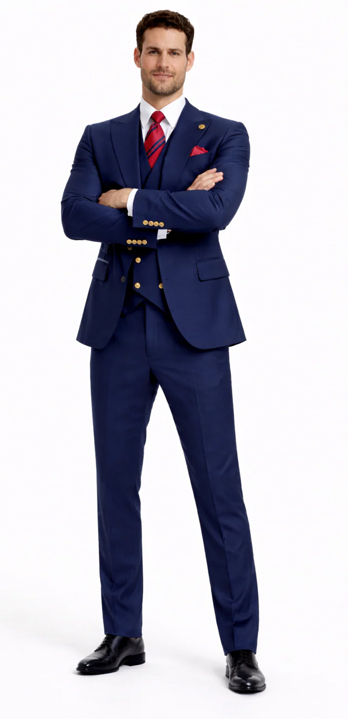 Rossiman Navy Blue Suit for Men – Classic 1-Button Peak Lapel Jacket & Double-Breasted Vest