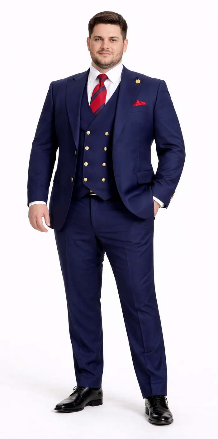 Rossiman Navy Blue Suit for Men – Classic 1-Button Peak Lapel Jacket & Double-Breasted Vest
