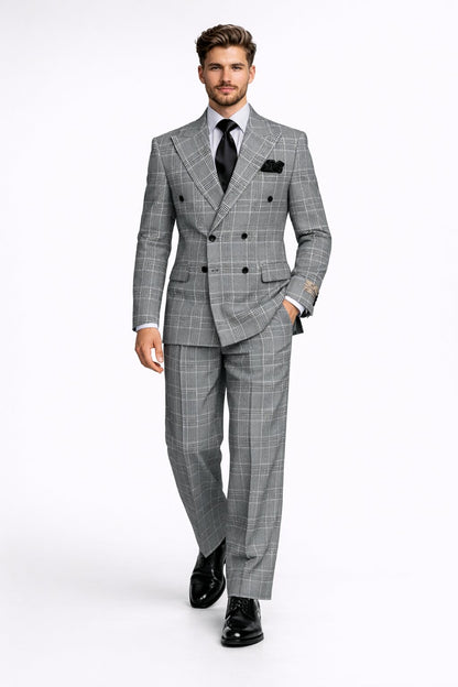 Suits With Baggy Pleated Pants - Wide Leg Pants 100% Wool - Classic Fit in Black and White Plaid Color by Rossiman