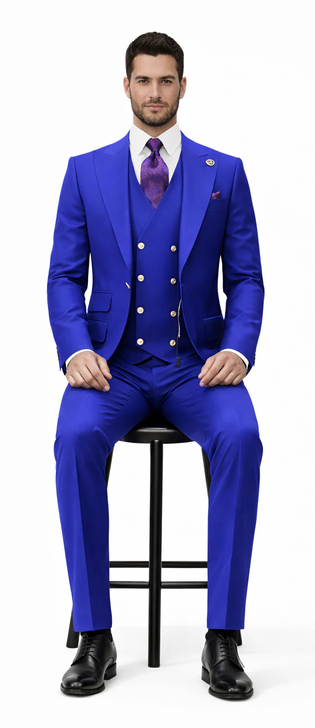 Rossiman Royal Blue Suit for Men – Classic 1-Button Peak Lapel Jacket & Double-Breasted Vest