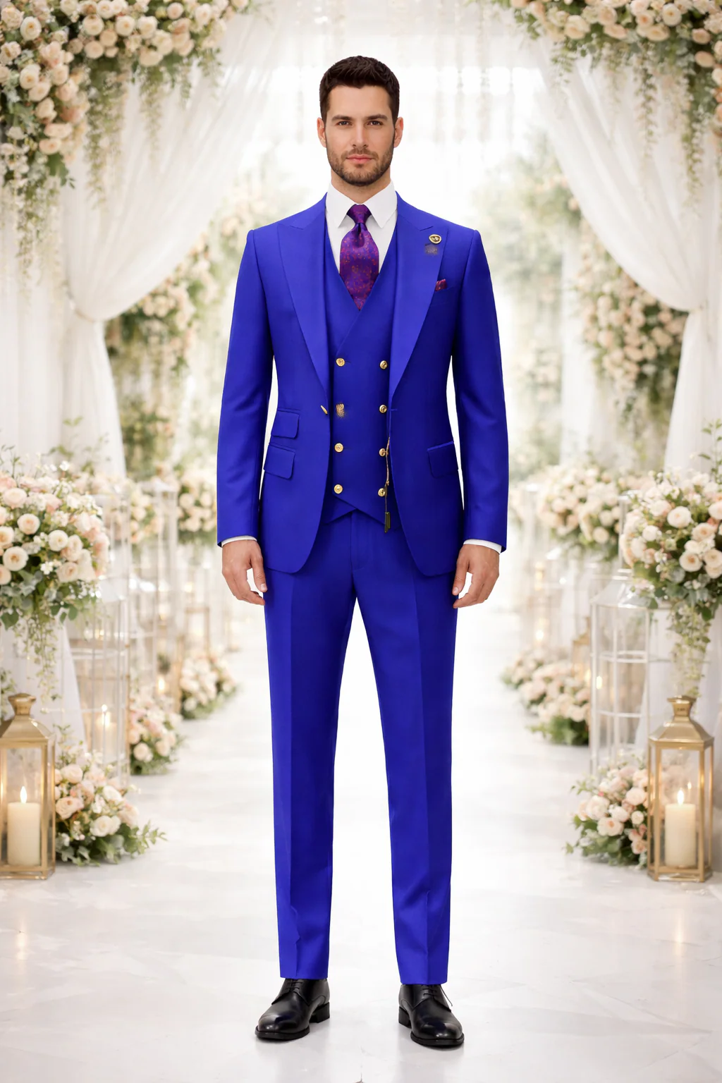 Rossiman Royal Blue Suit for Men – Classic 1-Button Peak Lapel Jacket & Double-Breasted Vest