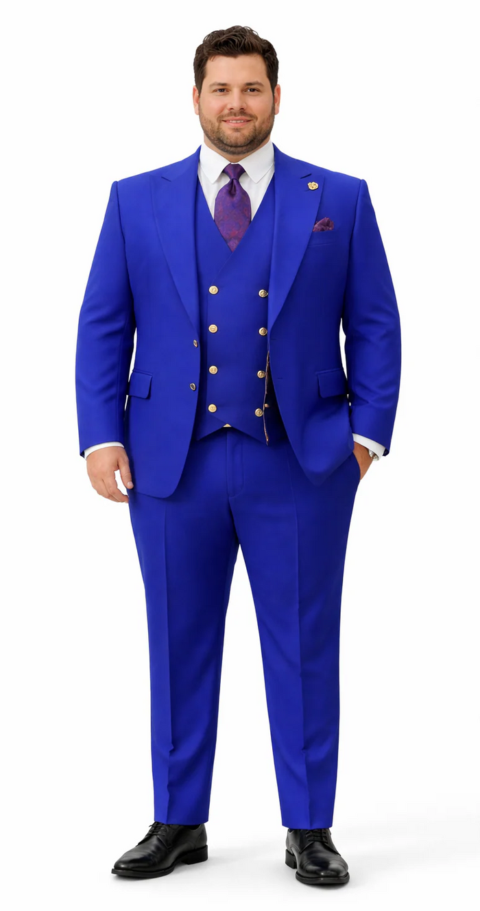 Rossiman Royal Blue Suit for Men – Classic 1-Button Peak Lapel Jacket & Double-Breasted Vest