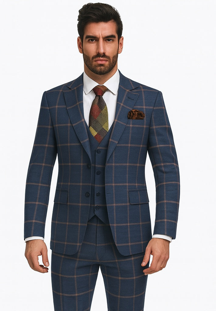 Rossiman Suits Brand - Plaid Textured Double breasted Style - Windowpane Pattern in Color Navy and Gray
