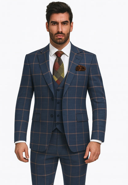 Rossiman Suits Brand - Plaid Textured Double breasted Style - Windowpane Pattern in Color Navy and Gray