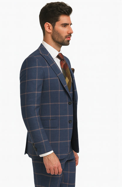 Rossiman Suits Brand - Plaid Textured Double breasted Style - Windowpane Pattern in Color Navy and Gray