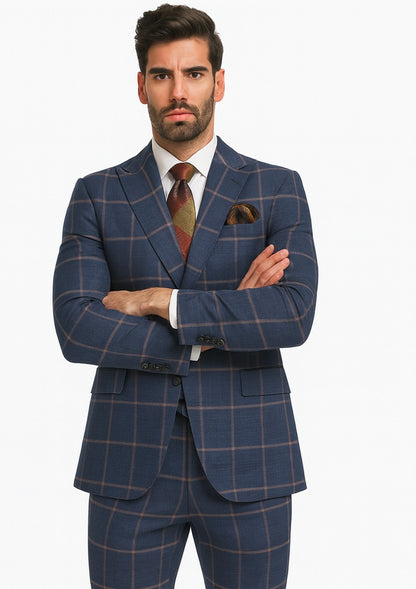 Rossiman Suits Brand - Plaid Textured Double breasted Style - Windowpane Pattern in Color Navy and Gray