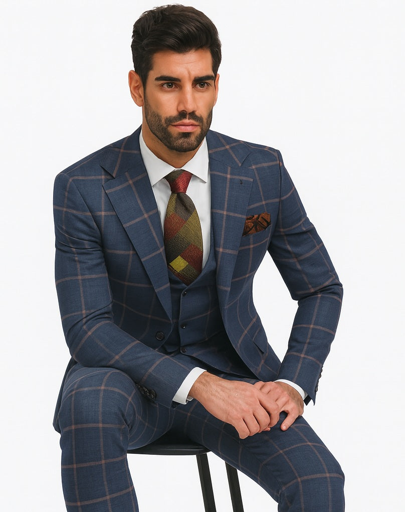 Rossiman Suits Brand - Plaid Textured Double breasted Style - Windowpane Pattern in Color Navy and Gray