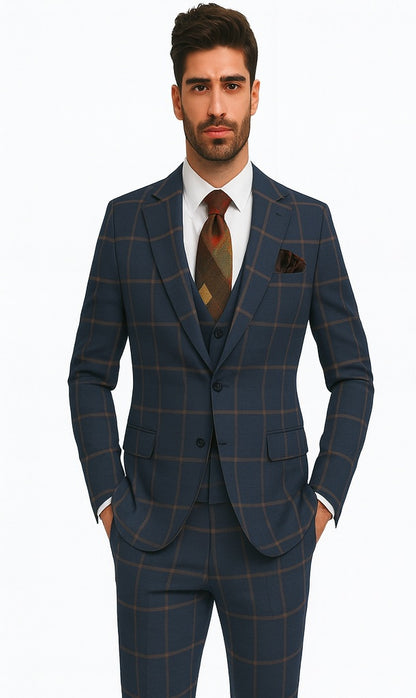 Rossiman Suits Brand - Plaid Textured Double breasted Style - Windowpane Pattern in Color Navy and Gray