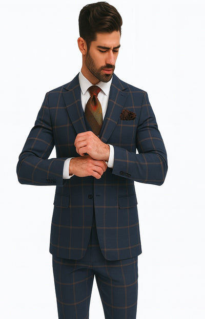 Rossiman Suits Brand - Plaid Textured Double breasted Style - Windowpane Pattern in Color Navy and Gray 3   - from alligatorwarehouse.com