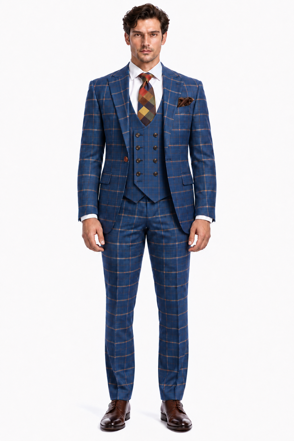 Rossiman Men’s Navy & Gray Plaid Suit – Classic Windowpane Double-Breasted Design