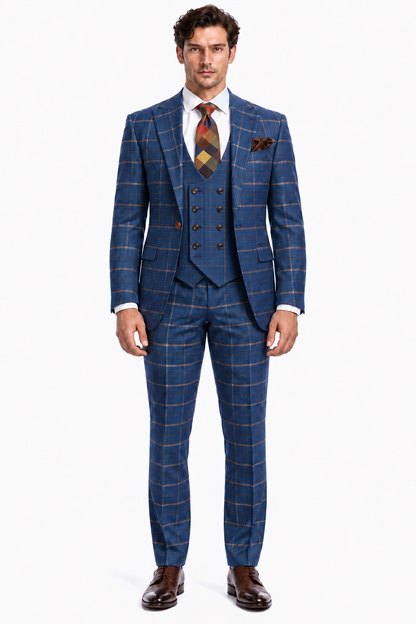 Rossiman Men’s Navy & Gray Plaid Suit – Classic Windowpane Double-Breasted Design