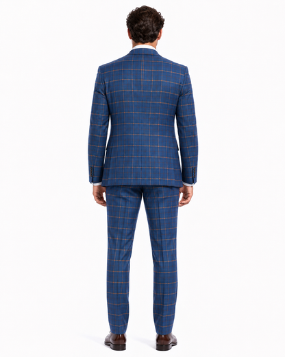 Rossiman Men’s Navy & Gray Plaid Suit – Classic Windowpane Double-Breasted Design