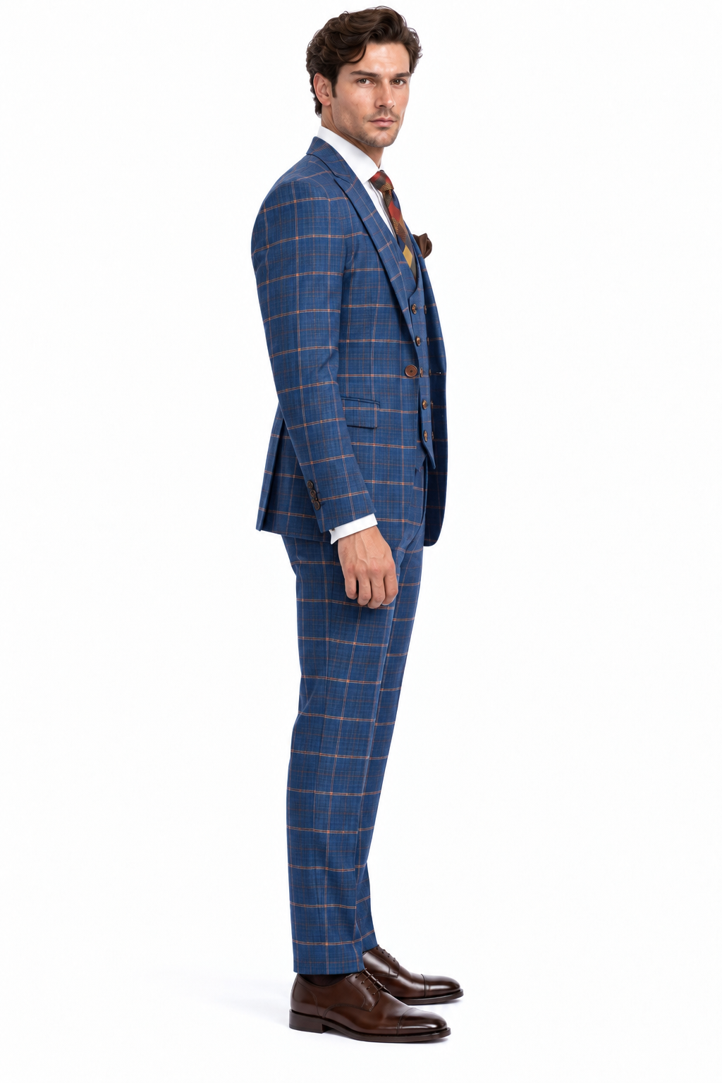 Rossiman Men’s Navy & Gray Plaid Suit – Classic Windowpane Double-Breasted Design