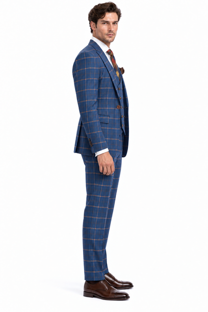 Rossiman Men’s Navy & Gray Plaid Suit – Classic Windowpane Double-Breasted Design
