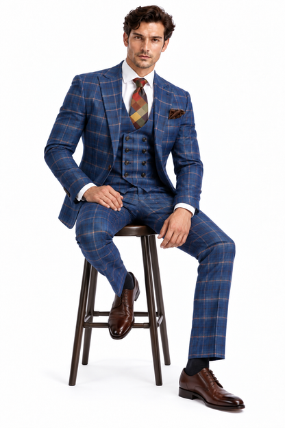 Rossiman Men’s Navy & Gray Plaid Suit – Classic Windowpane Double-Breasted Design
