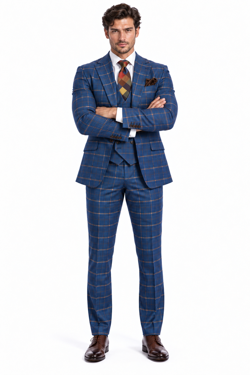 Rossiman Men’s Navy & Gray Plaid Suit – Classic Windowpane Double-Breasted Design