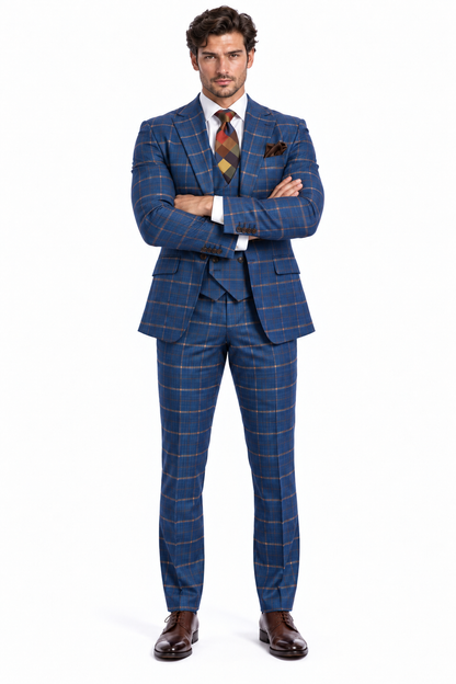 Rossiman Men’s Navy & Gray Plaid Suit – Classic Windowpane Double-Breasted Design