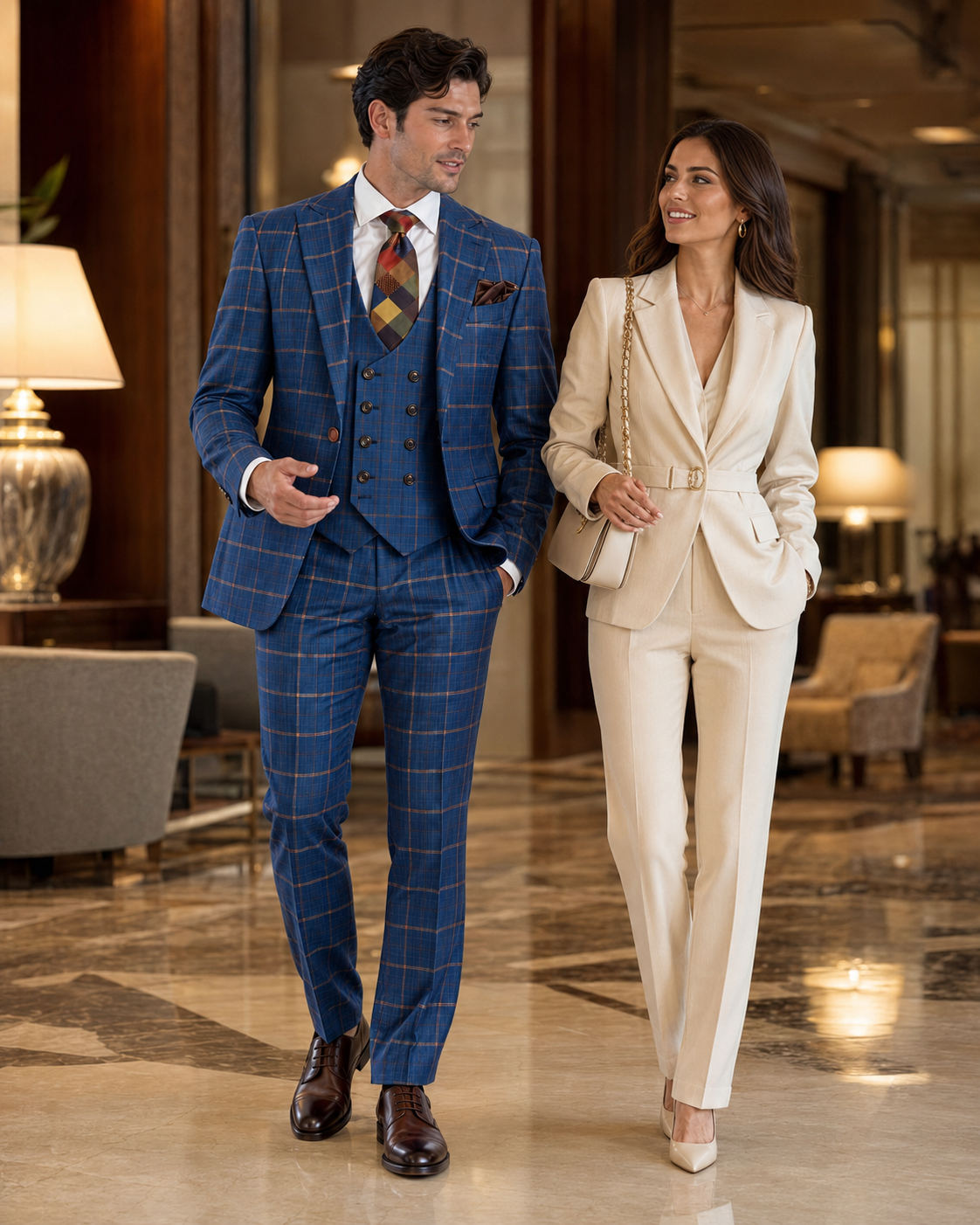 Rossiman Suits Brand - Plaid Textured Double breasted Style - Windowpane Pattern in Color Navy and Gray