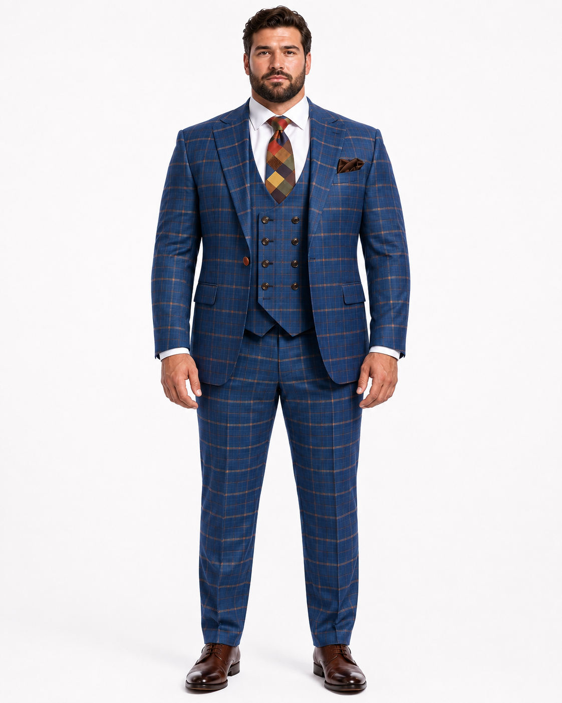 Rossiman Men’s Navy & Gray Plaid Suit – Classic Windowpane Double-Breasted Design