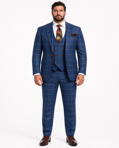 Rossiman Men’s Navy & Gray Plaid Suit – Classic Windowpane Double-Breasted Design