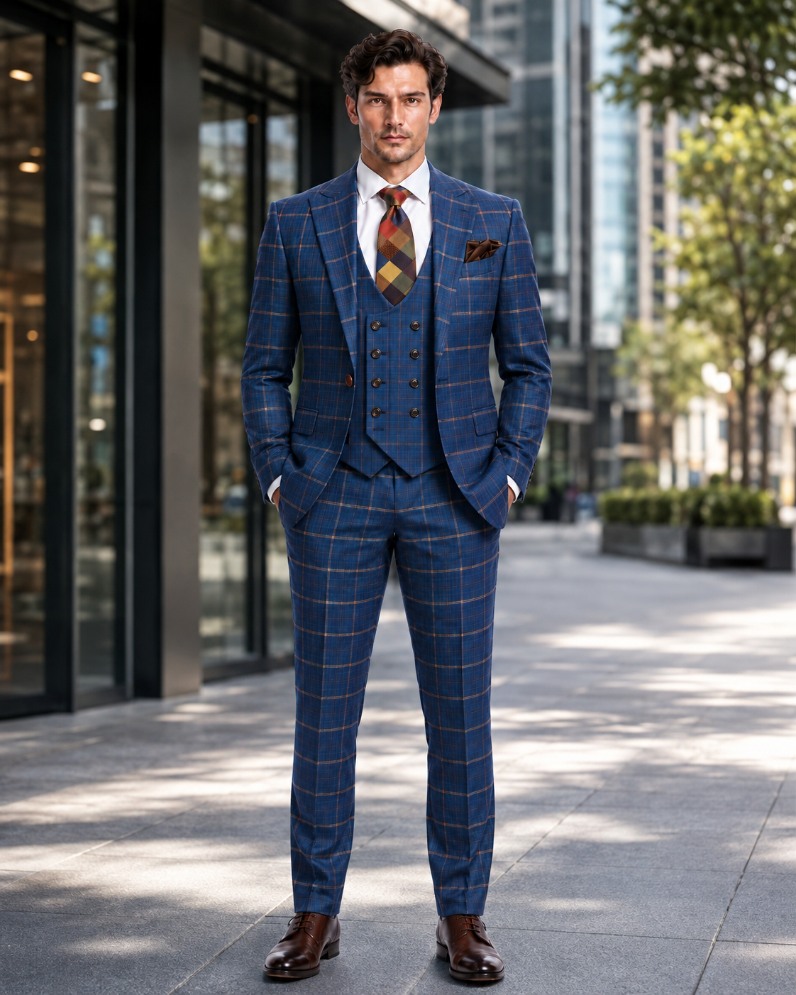 Rossiman Men’s Navy & Gray Plaid Suit – Classic Windowpane Double-Breasted Design