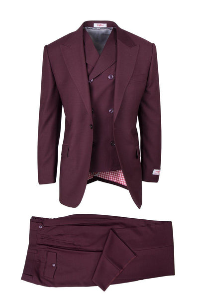 Tiglio Italian Suit - Real Wool Fabric Super 150's San Giovesse Burgundy, Wide Leg Suit & Vest in Color Burgundy 1 tiglio-san-giovesse-burgundy-wide-leg-suit-vest-38r  - from alligatorwarehouse.com