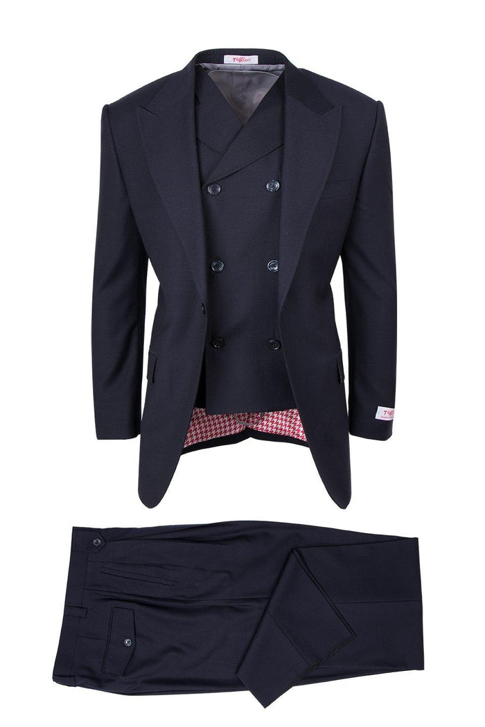 Tiglio Italian Suit - Real Wool Fabric Super 150's San Giovesse Navy, Wide Leg Suit & Vest in Color Navy