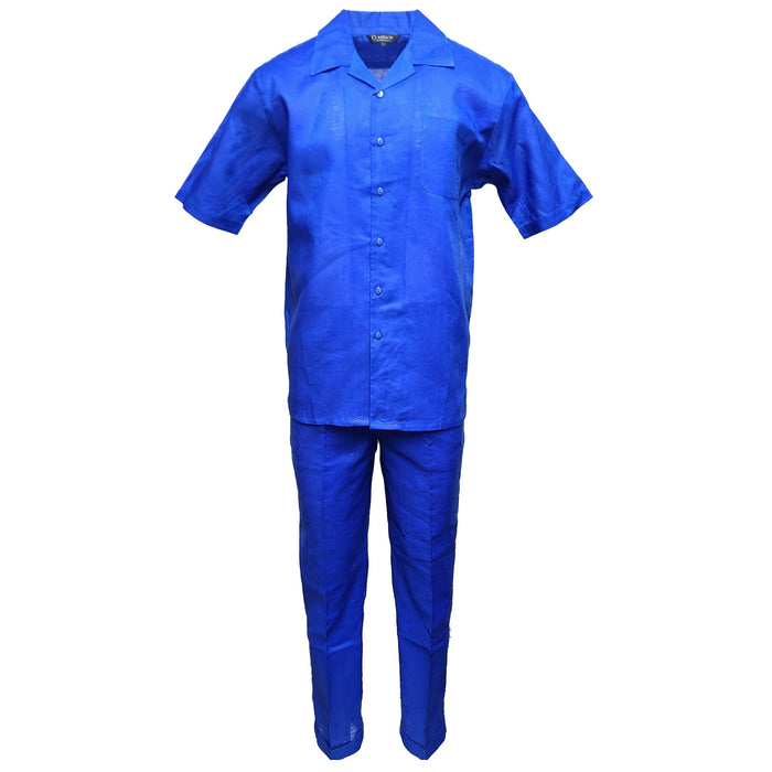 Men’s Royal Blue Linen Shirt and Pants Set, Casual Walking Suit Summer Outfit