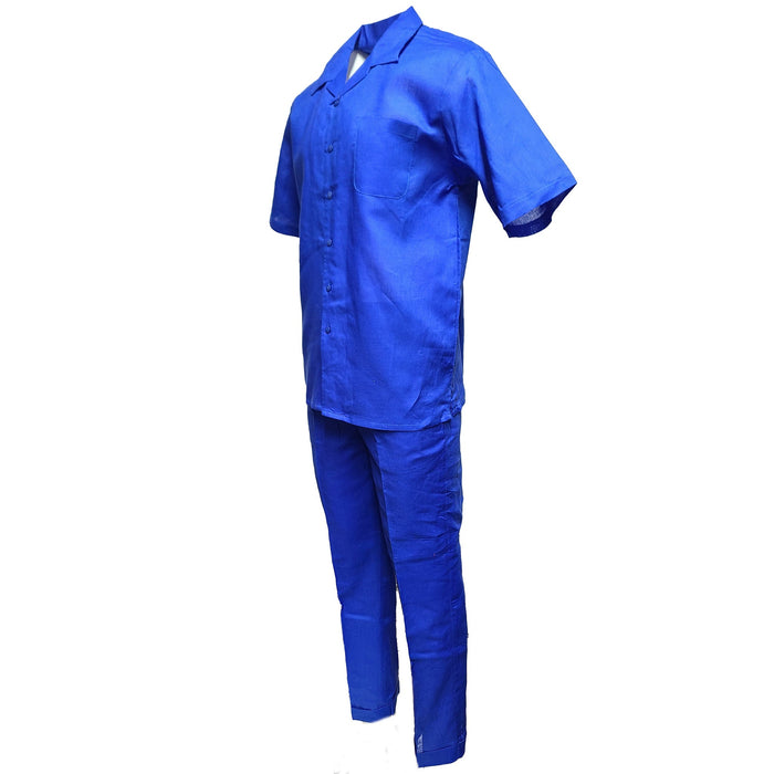 Men’s Royal Blue Linen Shirt and Pants Set, Casual Walking Suit Summer Outfit