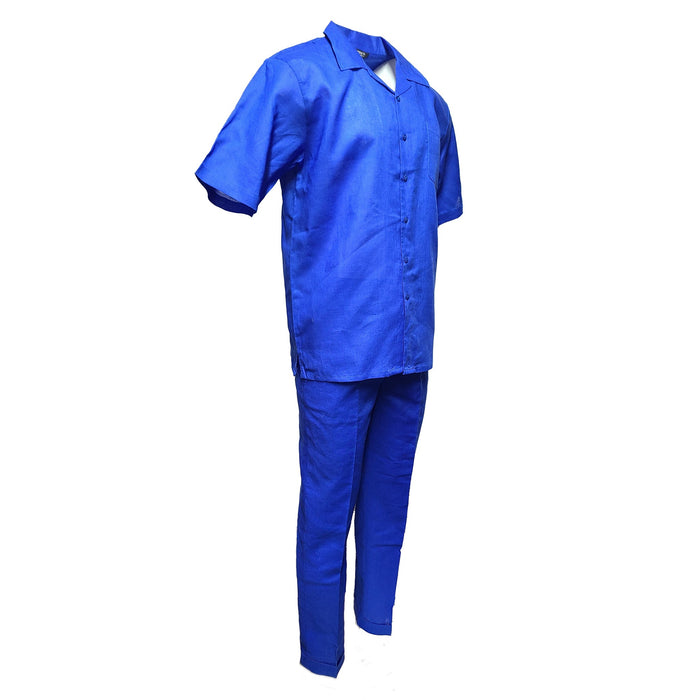 Men’s Royal Blue Linen Shirt and Pants Set, Casual Walking Suit Summer Outfit