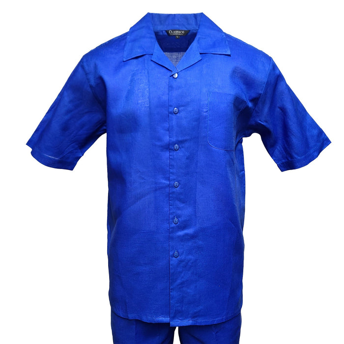 Men’s Royal Blue Linen Shirt and Pants Set, Casual Walking Suit Summer Outfit