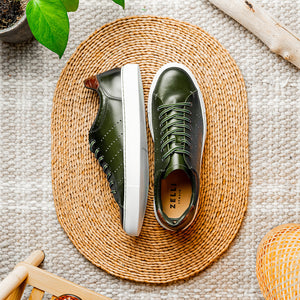 Zelli Russo Burnished Calfskin and Crocodile Luxury Sneakers in Olive