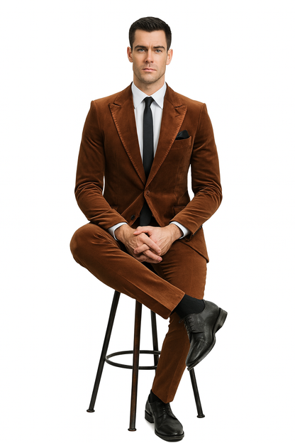 Mens Brown Velvet 2-Piece Suit – Luxury Slim Fit Formal Blazer and Pants Set in Rust Copper Color