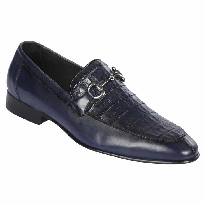Men’s Navy Genuine Crocodile and Calfskin Leather Slip-On Dress Shoes, Exotic Bit Loafers