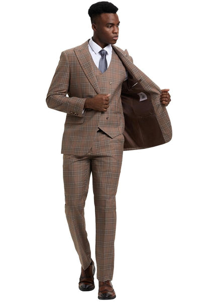 Men's Stacy Adams One Button Peak Lapel Double Breasted Vest Suit in Light Brown Plaid 3 SM170H1-10-38R  - from alligatorwarehouse.com