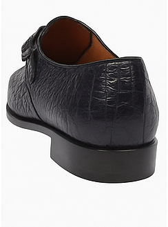 Men’s Navy Genuine Crocodile and Calfskin Leather Slip-On Dress Shoes, Exotic Bit Loafers