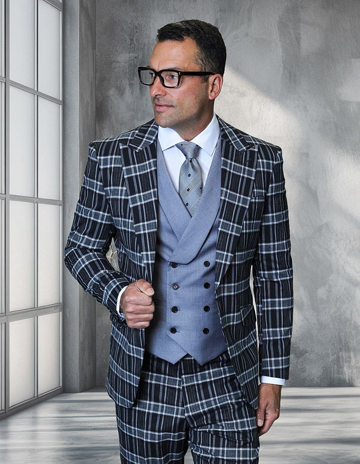 Saboo by Statement Mens Modern Fit 3 Piece 100% Wool Plaid Suit – Peak Lapel, Double Breasted Vest
