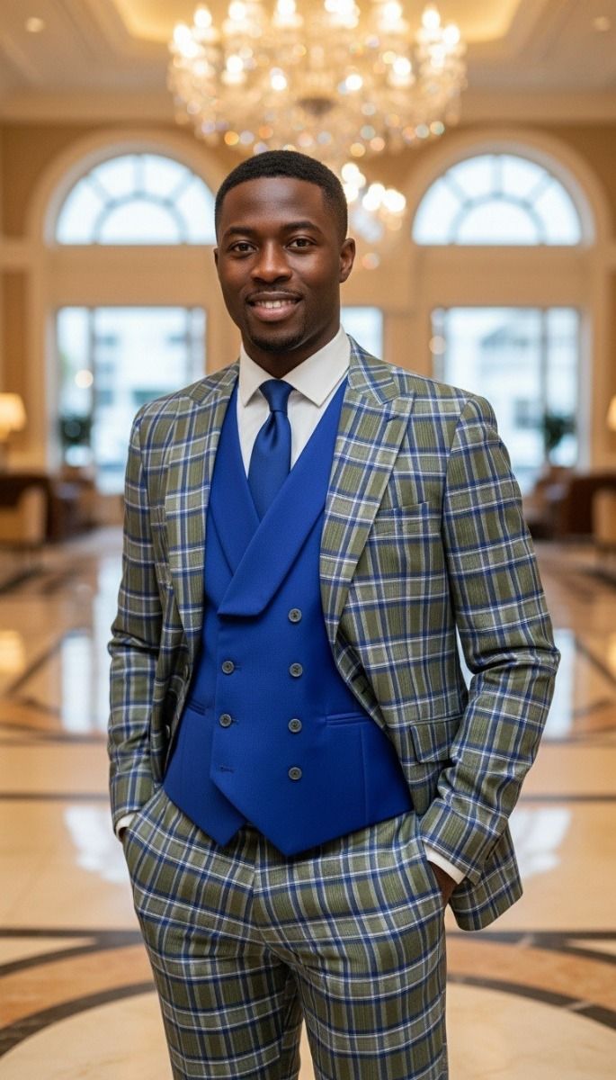 Saboo by Statement Mens Modern Fit 3 Piece 100% Wool Plaid Suit – Peak Lapel, Double Breasted Vest