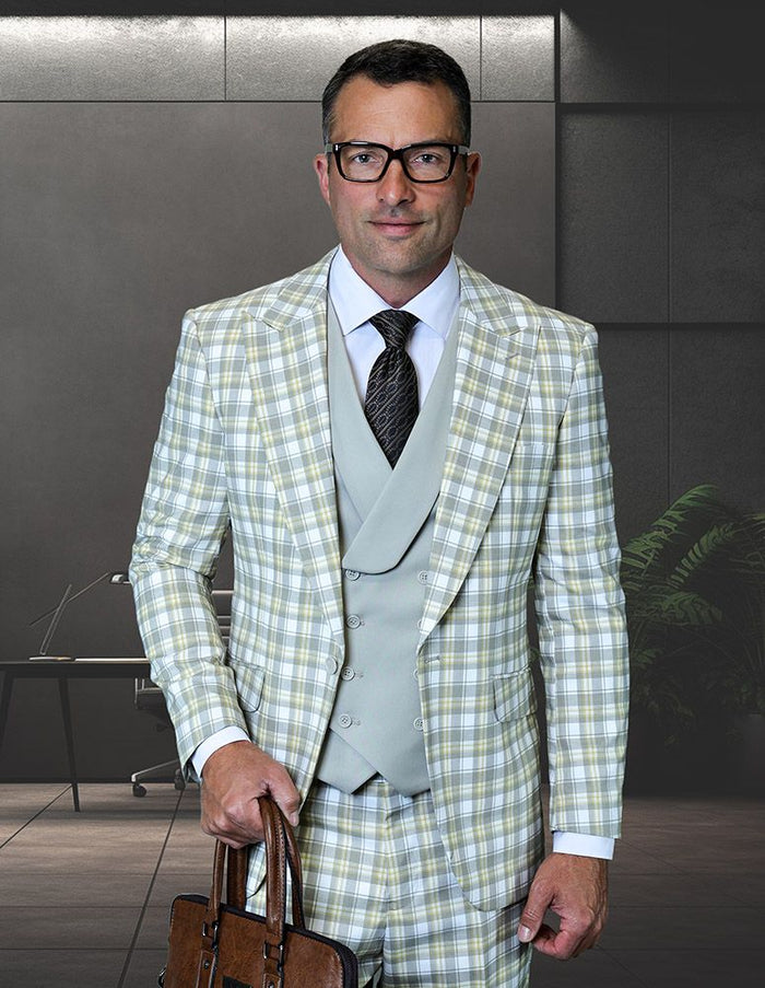 Saboo by Statement Mens Modern Fit 3 Piece 100% Wool Plaid Suit – Peak Lapel, Double Breasted Vest