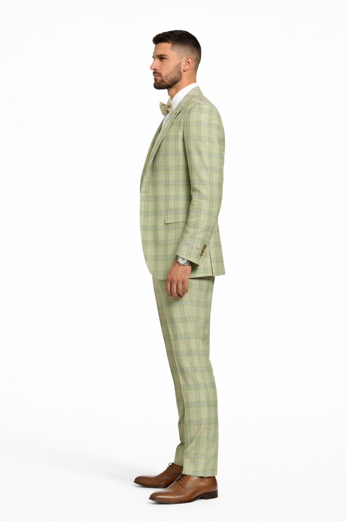 "Mens Stacy Adams Suit - Stacy Adams Men's Plaid Suit with Paisley Vest & Bow Tie - Sage Green"